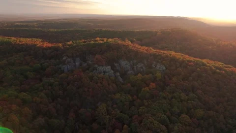Epic Wide Autumn Forest Landscape with Warm Sunrise Light Aerial Stock Footage 256172155