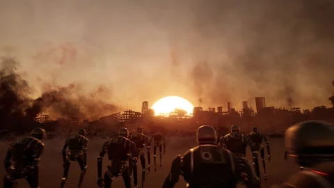 Epic wide shot of massive robot army marching towards ruined city at sunset, 3D  Stock Footage 337294946