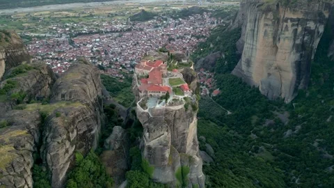Epic Wide View Aerial Monastery of Holy Trinity Sunset Long Flight Counter .. Stock Footage 334893568