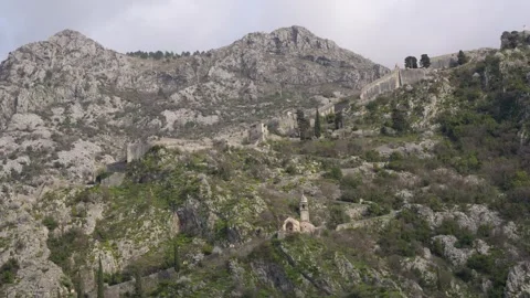 Epic Wide View of The Fortifications of Kotor Montenegro World Heritage Cit.. Stock Footage 336514119