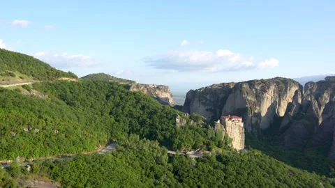 Epic Wide View of Holy Monastery of Rousanou in Meteora Greece Sunny Day. U.. Stock Footage 334871106