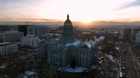 Epic winter sunset aerial over Colorado Sate Capitol Building, Denver, Stock Footage 234534969