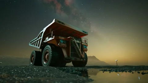 Epic, yellow big dump truck standing in the quarry during the night. 4KHD Stock Footage 201128149