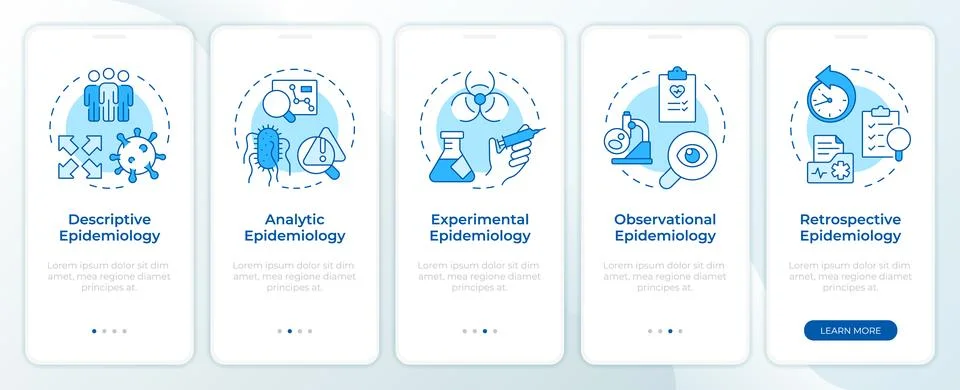 Epidemiologic study types blue onboarding mobile app screen 库存插图