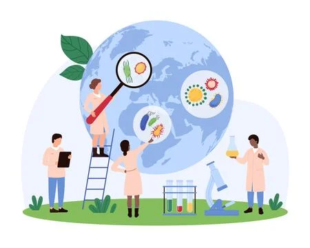 Epidemiology research, tiny people study microbes and pathogens spread on world イラスト素材