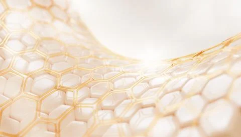Epidermis skin layer with gold liquid hexagon oil pattern. Cosmetic skincare 库存插图