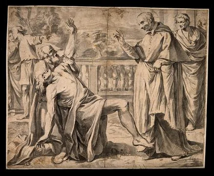 An epileptic being restrained by another man is brought before a priest to .. Stock Illustration