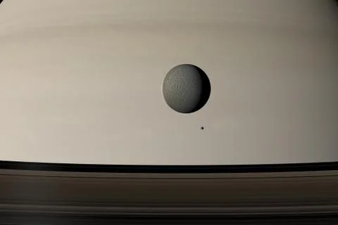 Epimetheus and Rhea orbiting around Saturn planet. 3d render Stock Illustration