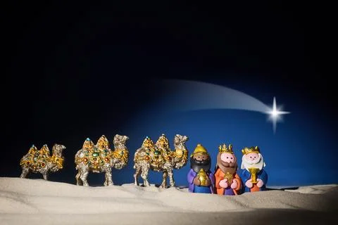 Epiphany. Three Wise Men and decorated camels 스톡 사진