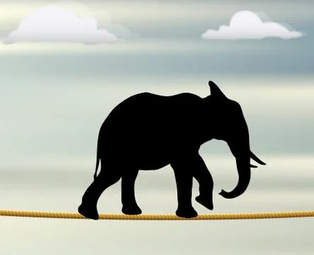 Eps 10 editable vector silhouette of african elephant on a rope in the air Stock Illustration