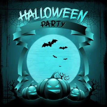 EPS 10 Halloween background with moon, bats and pumpkins. Stock Illustration