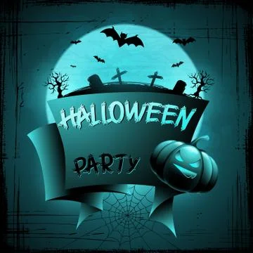 EPS 10 Halloween background with moon, bats and pumpkins. Stock Illustration