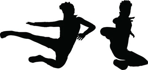 Eps 10 vector of man silhouette in flying kick position on white background Ilustração Stock