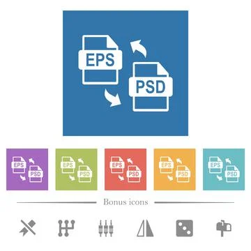 EPS PSD file conversion flat white icons in square backgrounds Illustrazione stock