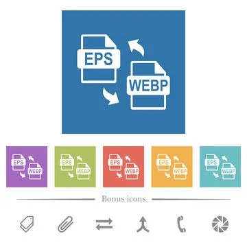 EPS WEBP file conversion flat white icons in square backgrounds Illustrazione stock