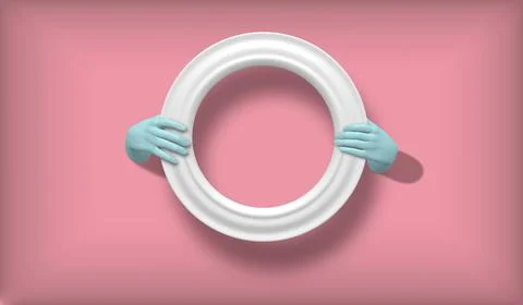 EPS10. 3D vector illustration of blue hands empty frame isolated on pink, abs Illustrazione stock
