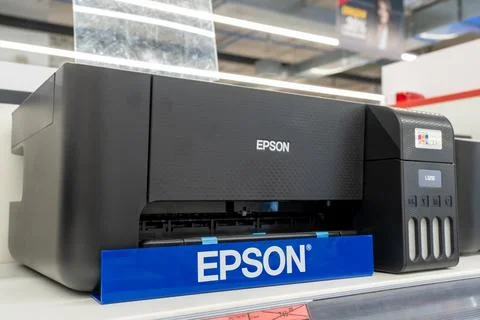 Epson printer on shelf at electronics store. Minsk, Belarus - may 03, 2024 Stock Photos
