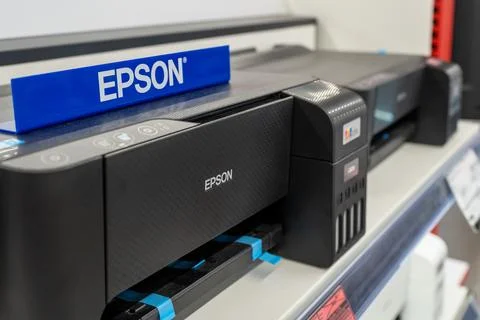 Epson printer on a shelf in an store. Minsk, Belarus - November 6, 2024 Stock Photos