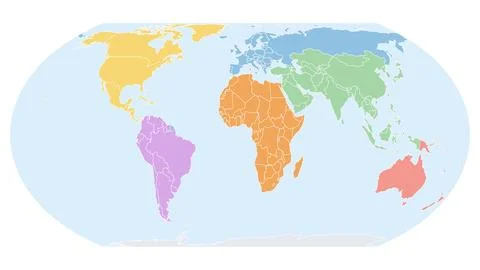 Equal Earth world map, continents in colour Stock Illustration
