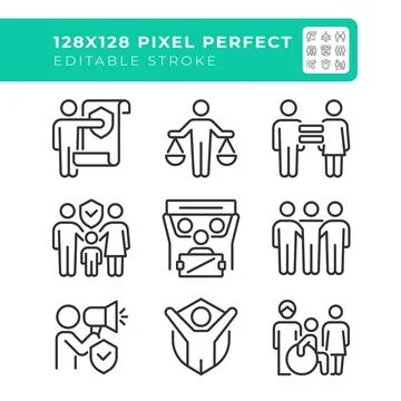 Equal human rights pixel perfect line icons set Stock Illustration