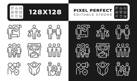 Equal human rights pixel perfect line black and white line icons set Stock Illustration