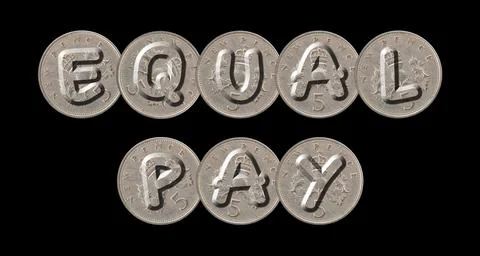 EQUAL PAY  Coins on black background Stock Photos