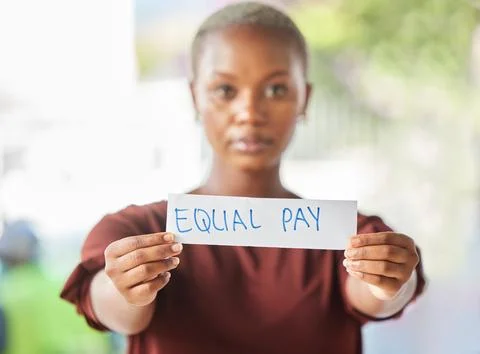 Equal pay, paper sign and black woman protest for women work salary rights Stock Photos