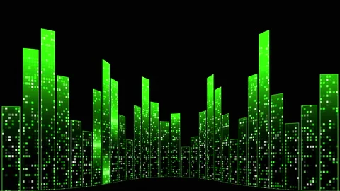 Equalizer in a curved wall. Curved flexible wall made of green pixel posts Stock Footage 150559119