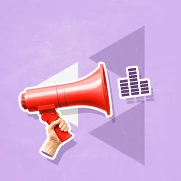 Equalizer flying out of megaphone in woman's hand on violet background, cre.. Stock Photos