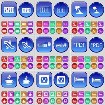 Equalizer, Palm, Escalator, Keyboard, PDF, Coffee, Socket, Bed. A large set of m Stock Illustration
