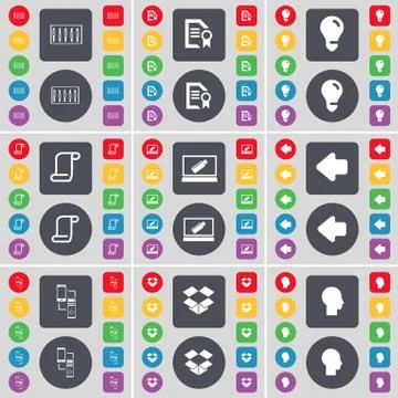 Equalizer, Text file, Light bulb, Scroll, Laptop, Arrow left, Connection, Drop, Stock Illustration