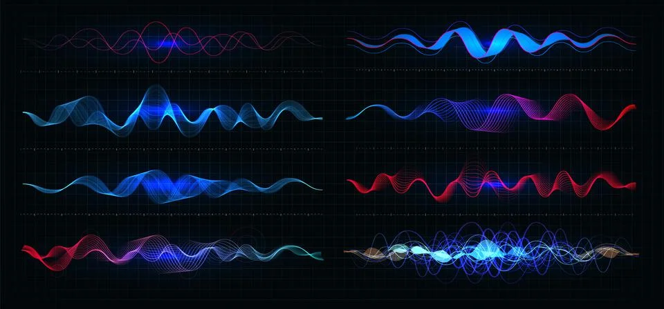 Equalizer vector illustration. Pulsation color wavy motion lines on black Stock Illustration