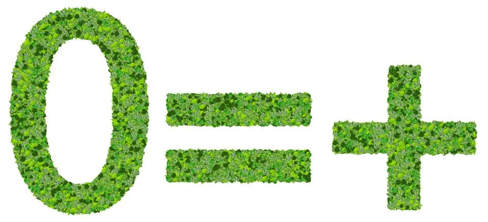 Equals, plus, zero digits made from green leaves isolated on white background. Stock Illustration