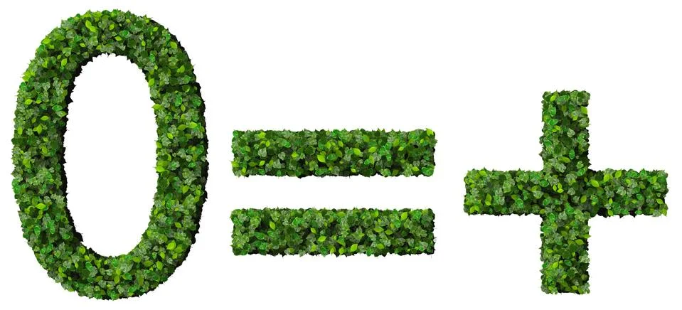 Equals, plus, zero digits made from green leaves isolated on white background. Stock Illustration