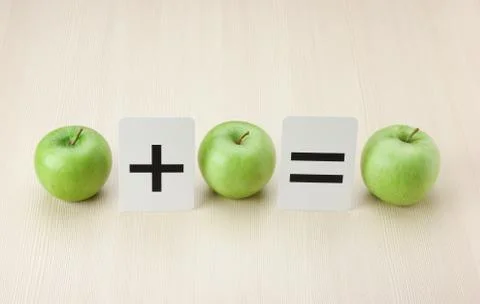 Equation error, school card and apple with math problems Stock Photos