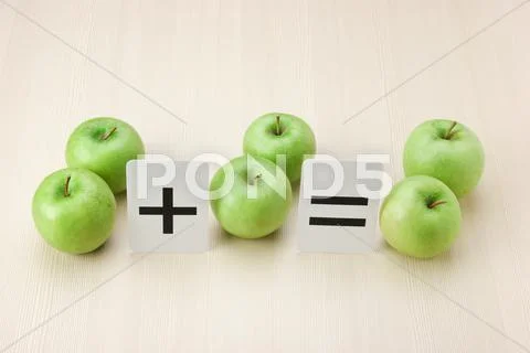 Equation error, school card and apple with math problems Stock Photos