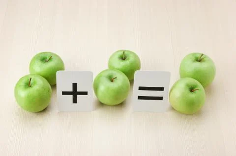 Equation error, school card and apple with math problems Stock Photos