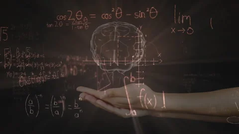 Equation extending on chalkboard leading hand summoning rotating 3D brain with Stock Footage 313509554