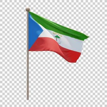 Equatorial Guinea 3d illustration flag on pole. Wood flagpole Stock Illustration
