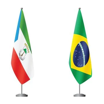 Equatorial Guinea and Brazil flags on flagpoles for official ceremonies and Stock Illustration