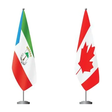 Equatorial Guinea and Canada flags on flagpoles for official ceremonies and Stock Illustration