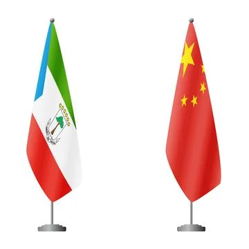Equatorial Guinea and China flags on flagpoles for official ceremonies and Stock Illustration