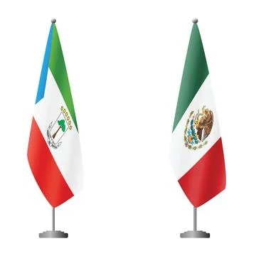 Equatorial Guinea and Mexico flags on flagpoles for official ceremonies and Stock Illustration