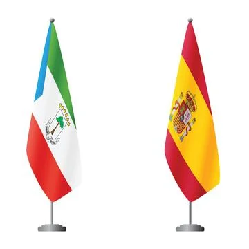 Equatorial Guinea and Spain flags on flagpoles for official ceremonies and Stock Illustration