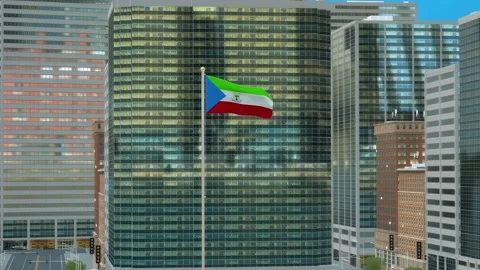 Equatorial Guinea Flag 3D Render Animation on Pole with Modern Business Dist Stock-Footage 332878060