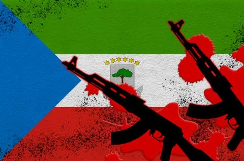 Equatorial Guinea flag and two black AK-47 rifles in red blood. Concept for t Stock Illustration