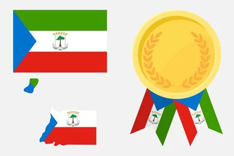 Equatorial Guinea flag with map and gold medal in set for web and banners o.. Stock Illustration