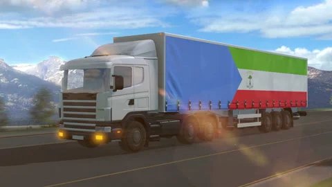 Equatorial Guinea flag shown on the side of a large truck Stock Footage 122098970