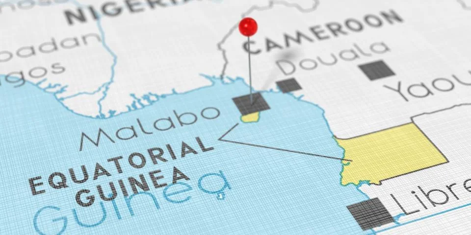 Equatorial Guinea, Malabo - push pin on political map - 3D illustration Stock Illustration