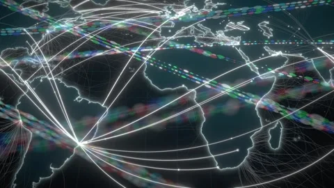 Equatorial Submarine Cable Routes Glowing Across A Dark World Map Video stock 343247817